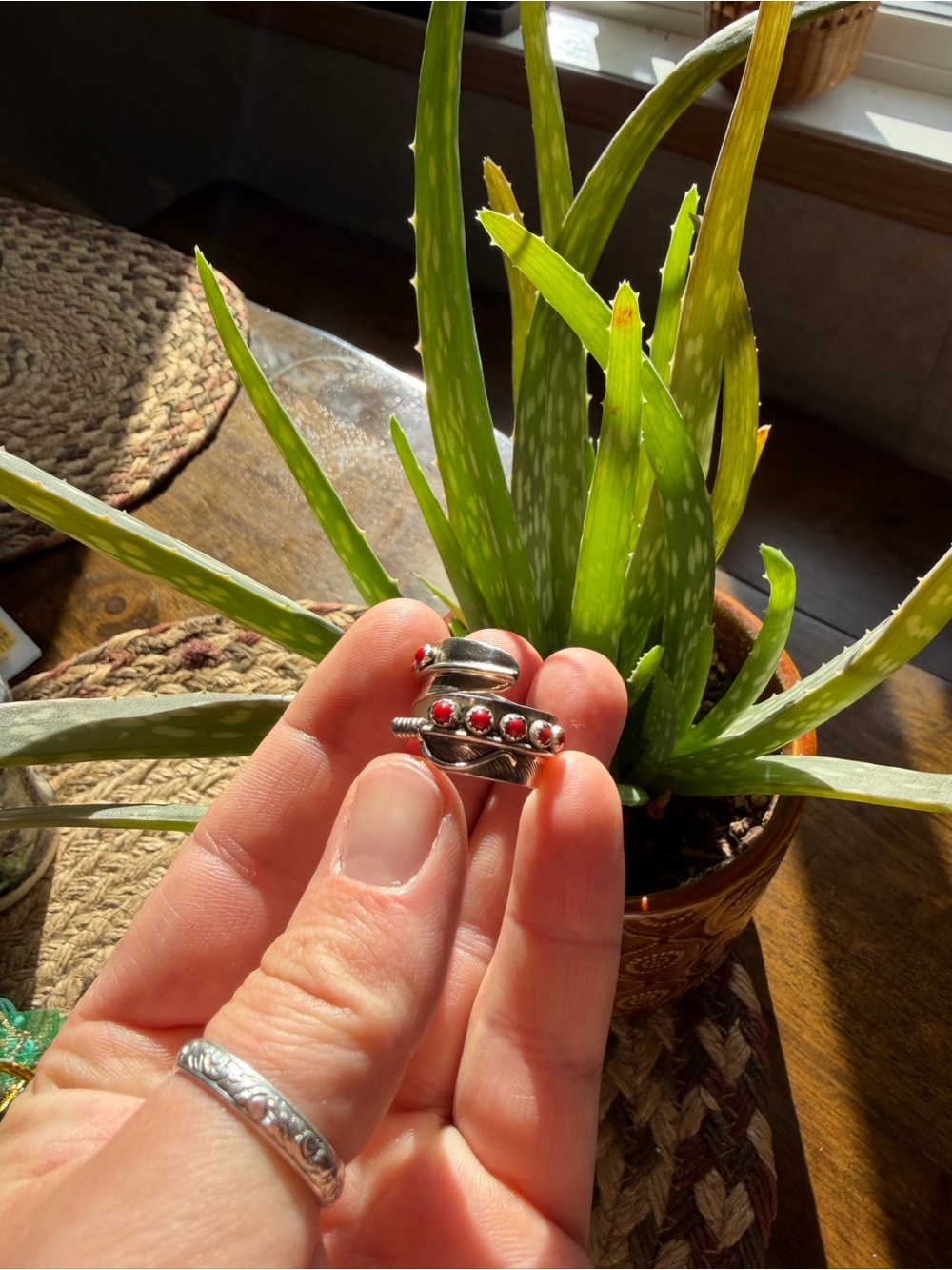 Sterling Silver Coral Stone Feather Wrap Ring